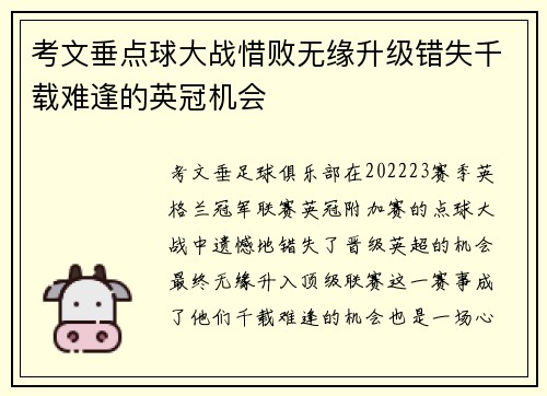 考文垂点球大战惜败无缘升级错失千载难逢的英冠机会